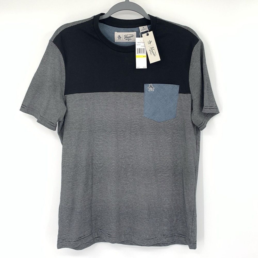 Original Penguin True Black Stripe Mens Short Sleeve T-Shirt w/ Pocket Size Med - Picture 2 of 9